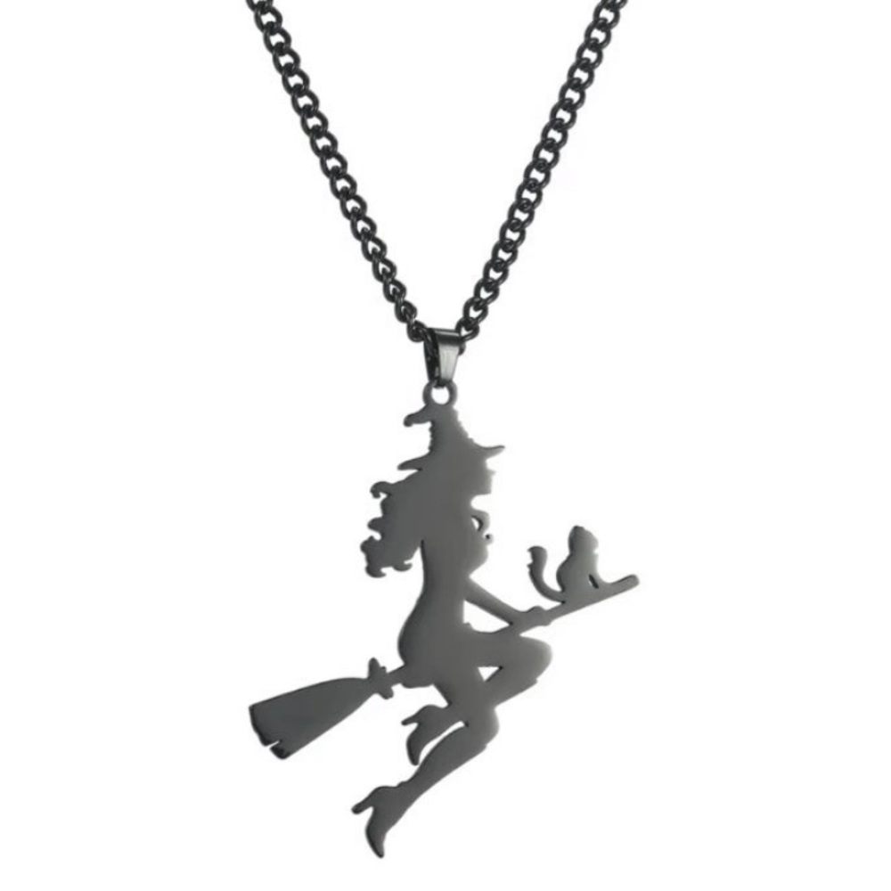 Black Sexy Witch Flying Broom Cat Necklace Womans Jewelry New Witchcraft Spooky